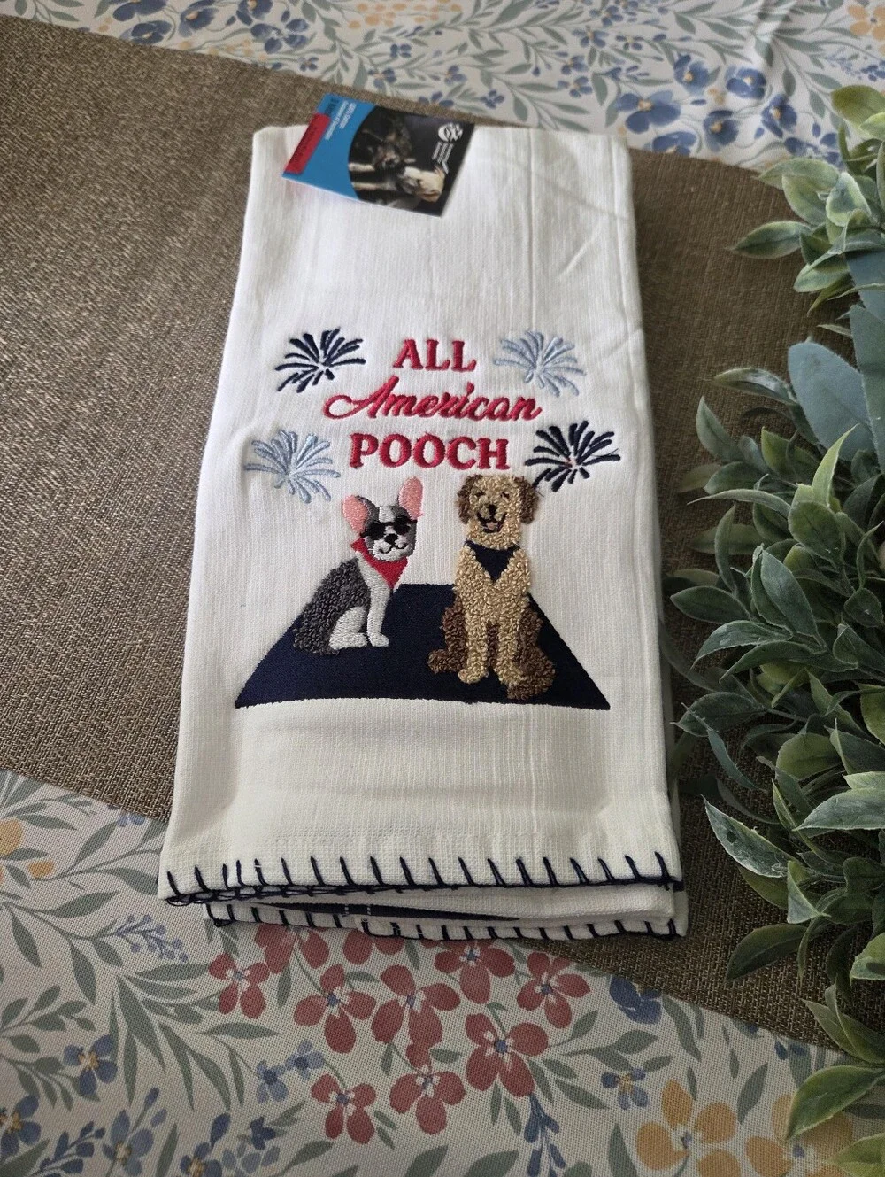 All American Pooch Embroidered Kitchen Towel - Patriotic Dogs
